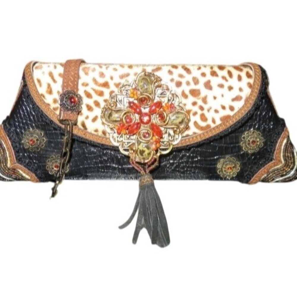 Mary Frances Vintage hand beaded Italian calf hair handbag crossbody clutch